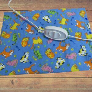 Heating Pad Cover, 12 x 15, Soft Blue Flannel with Cute Colorful Cats, 3 Snap Cl